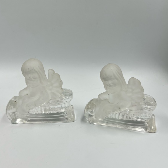 Other - SET OF 2 FROSTED GLASS CHERUB ANGEL CANDLE HOLDER WINGS DECORATION